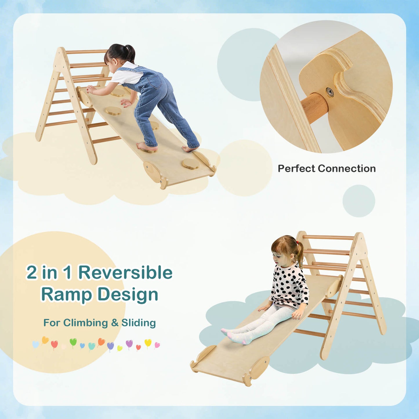 Wooden Triangle Climbing Ladder Set with 2-in-1 Reversible Ramp-Natural