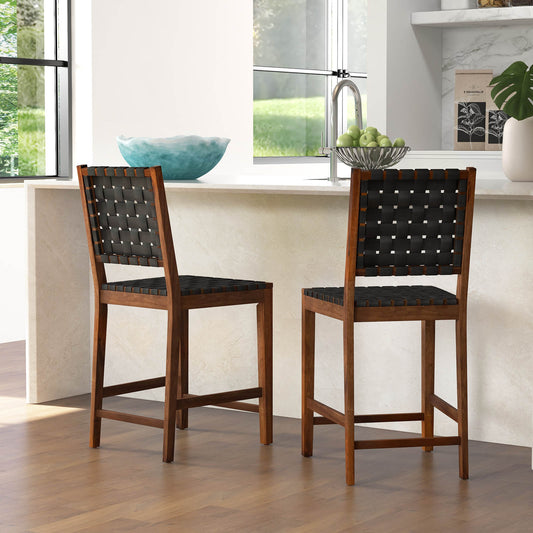 Woven Bar Stools Set of 2 with Faux PU Leather Straps-Black & Brown