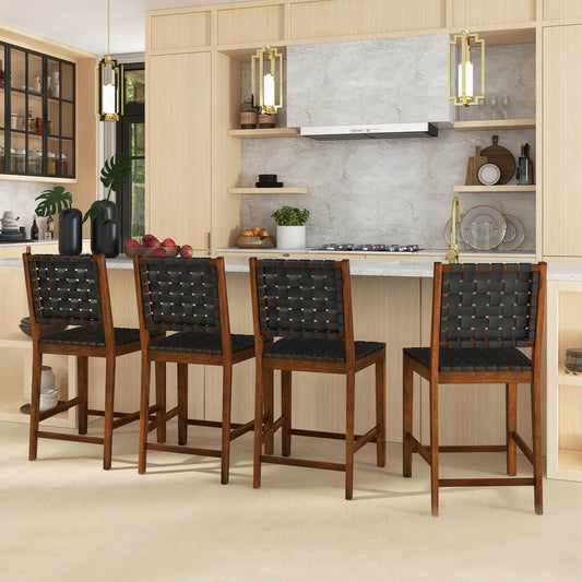 Woven Bar Stools Set of 4 with Faux PU Leather Straps-Black