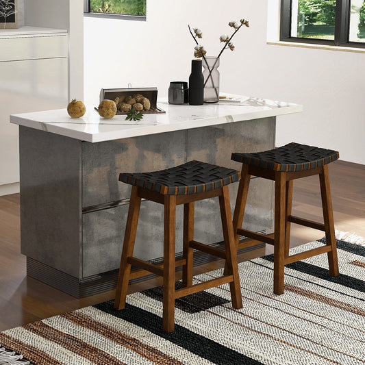 Faux PU Leather Counter Height Stools Set of 2 with Woven Curved Seat-Black & Brown