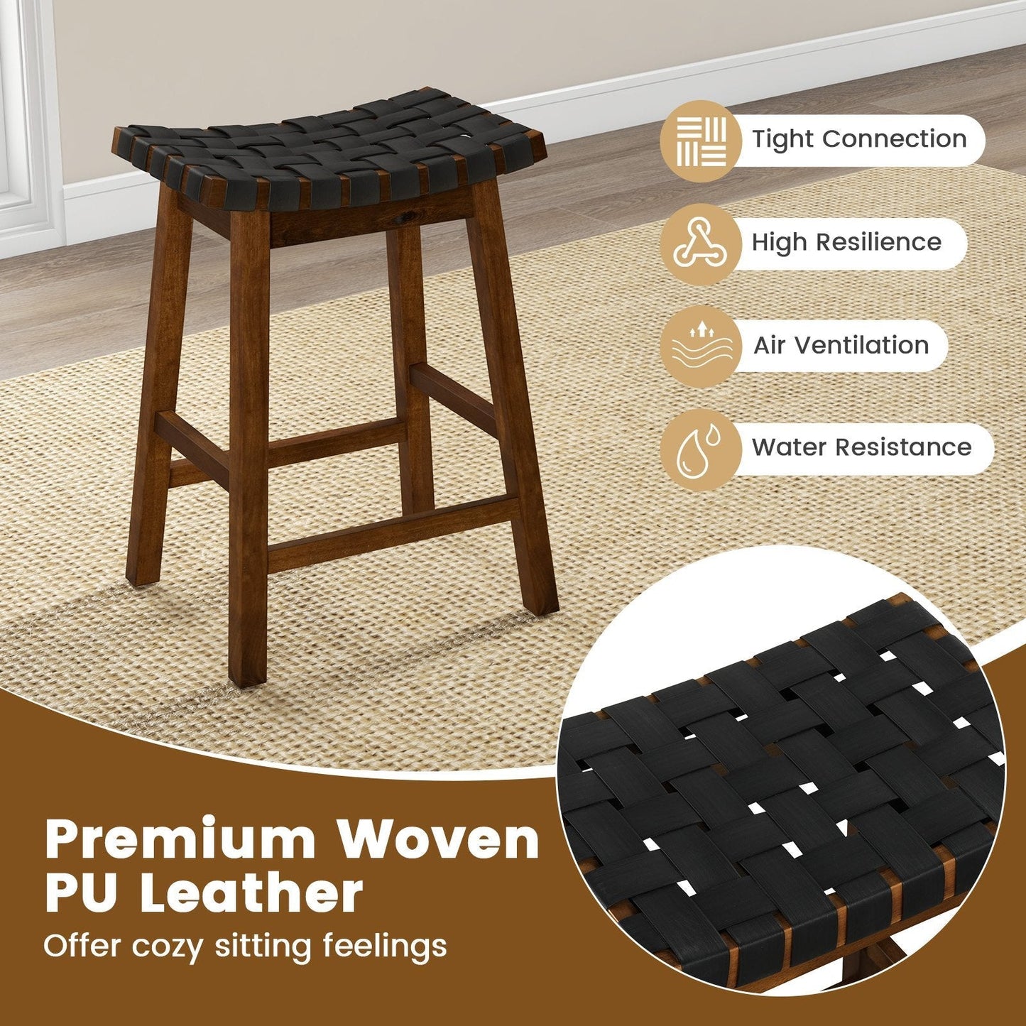 Faux PU Leather Counter Height Stools Set of 2 with Woven Curved Seat-Black & Brown