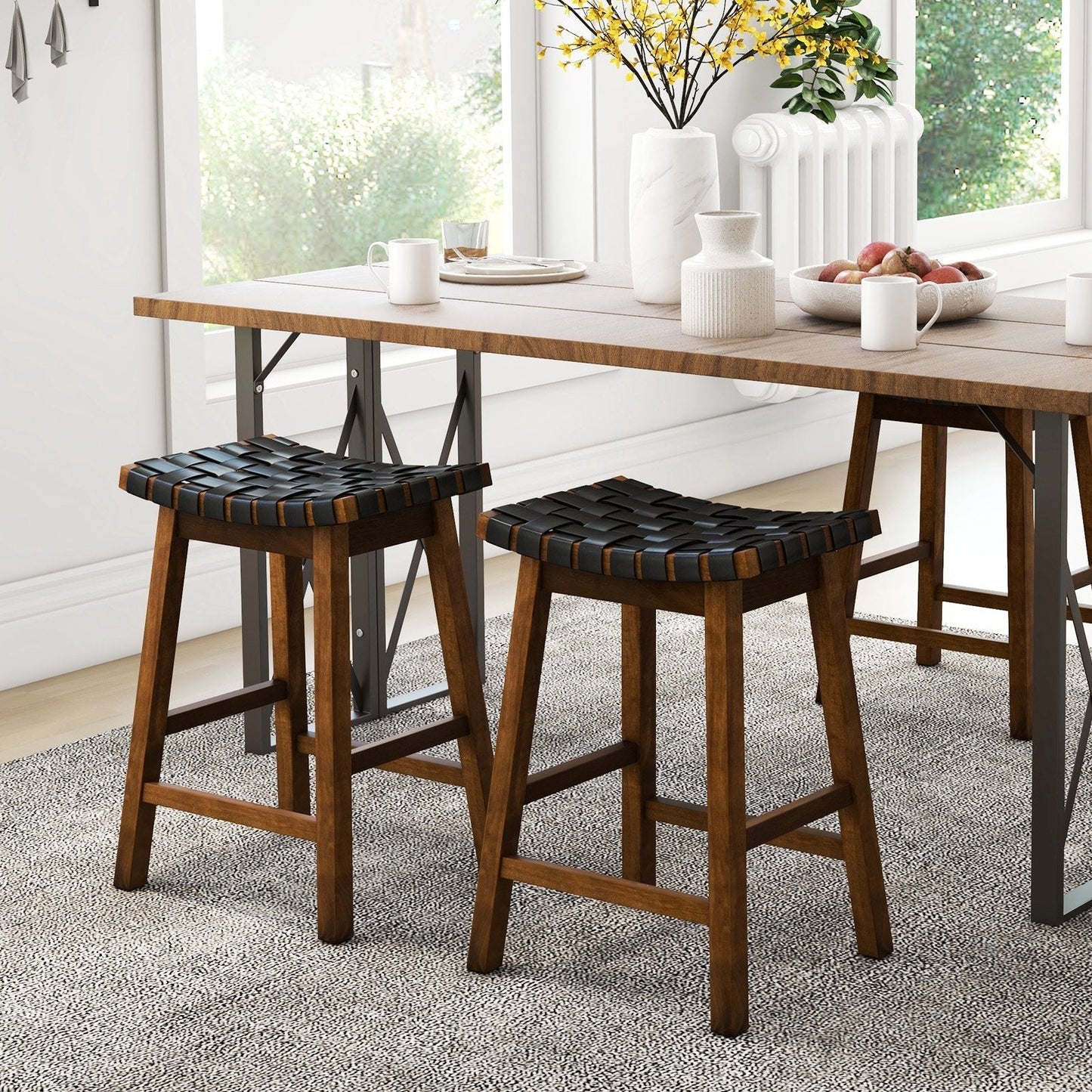 Faux PU Leather Counter Height Stools Set of 2 with Woven Curved Seat-Black & Brown