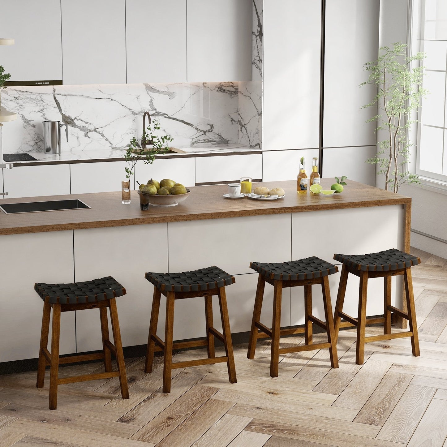 Faux PU Leather Counter Height Stools Set of 2 with Woven Curved Seat-Black & Brown