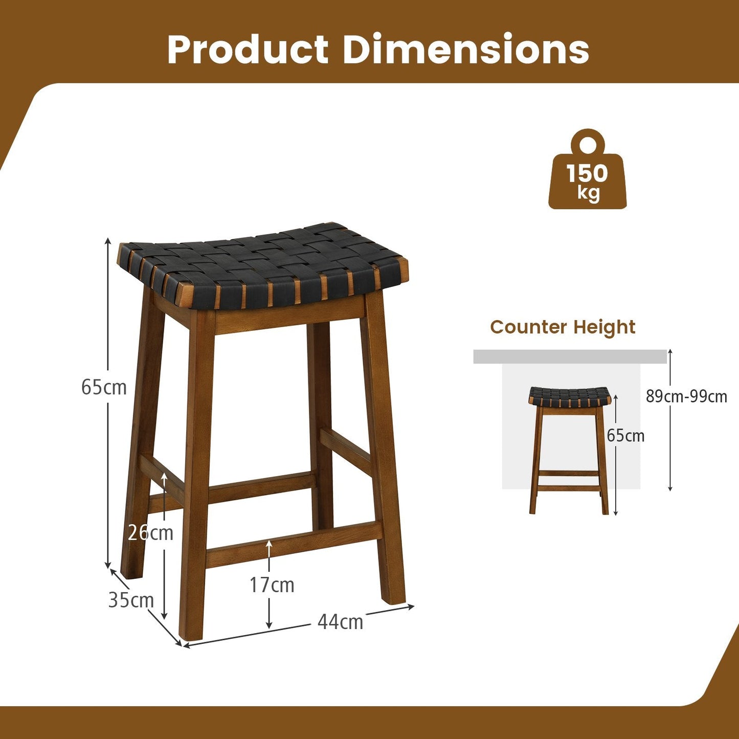 Faux PU Leather Counter Height Stools Set of 2 with Woven Curved Seat-Black & Brown