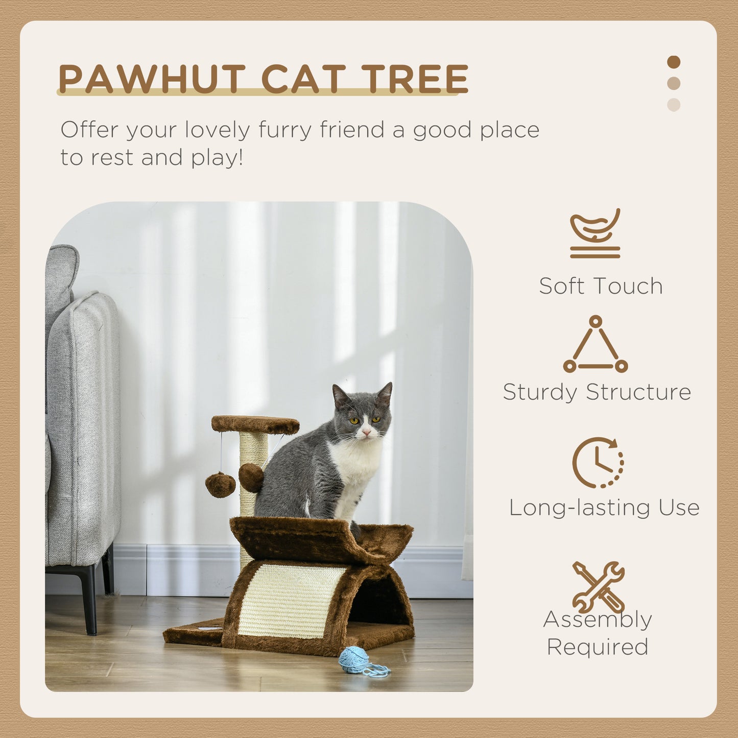 PawHut Cat Tree, Cat Tower for Kittens with Rotatable Top Bar, Sisal Scratching Post, Tunnel, Dangling Balls - Brown