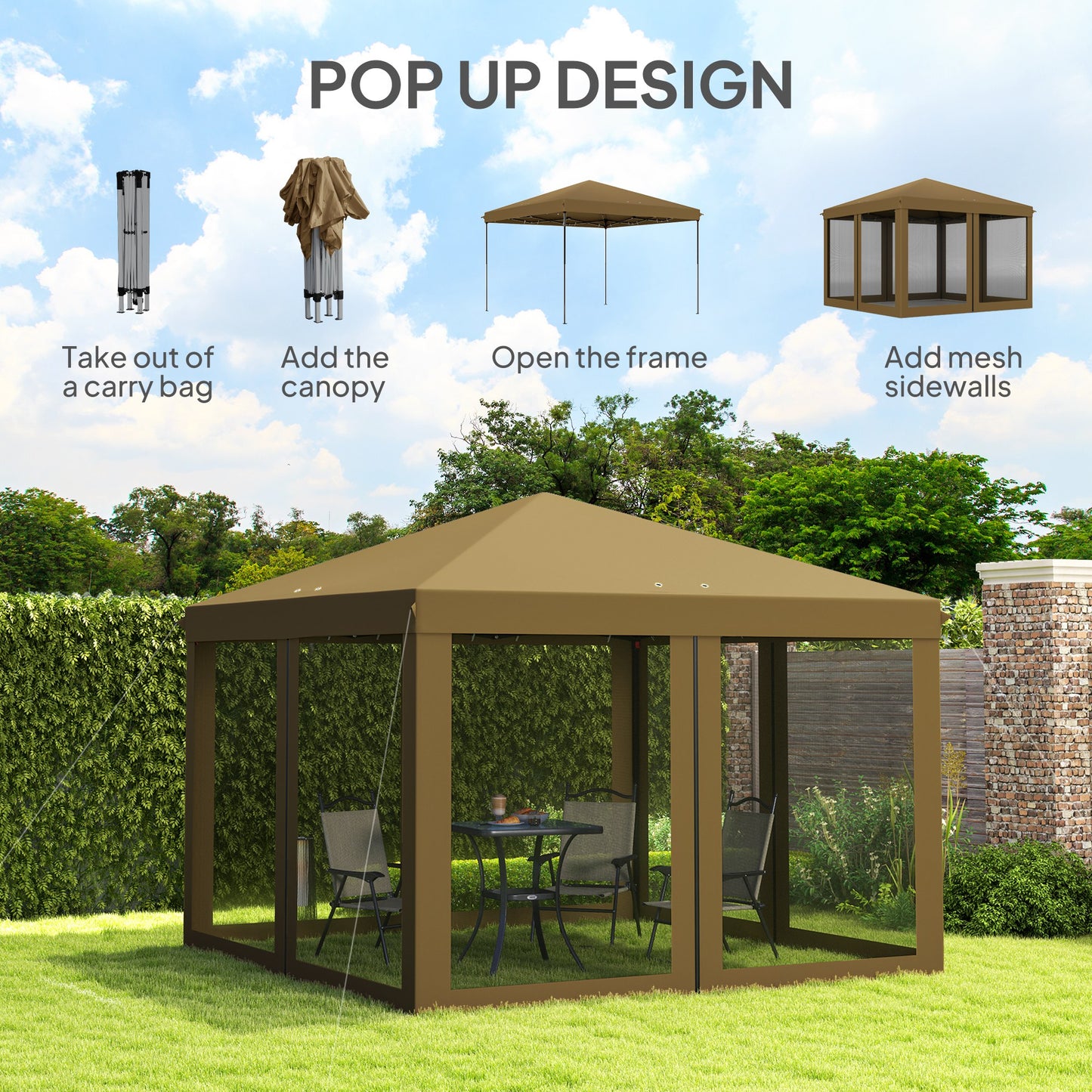 Outsunny 3 x 3Â m Pop Up Gazebo, 420D Garden Tent Canopy with Removable Mesh Sidewall Netting, Carry Bag for Garden Patio Outdoor, Khaki