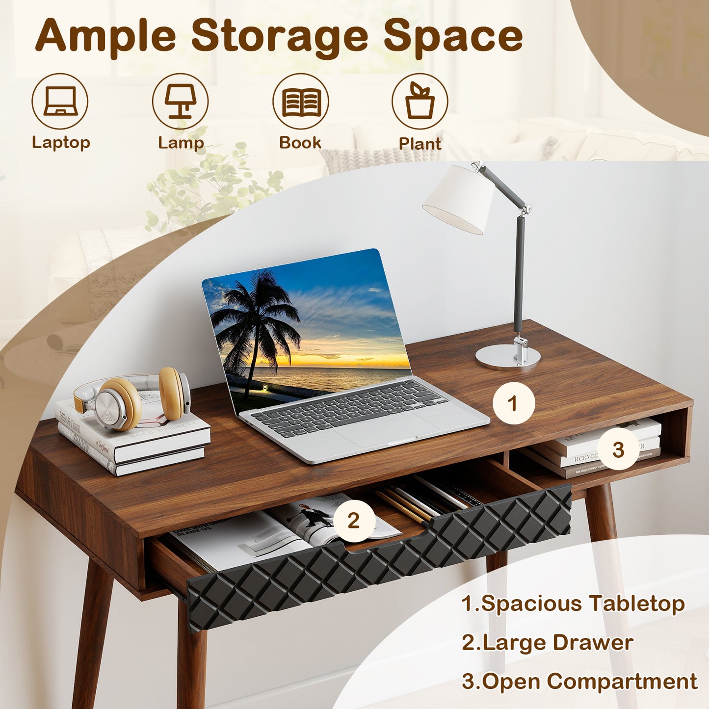 Writing Table with Drawer and Open Compartment Home Office Desk with Rubber Wood Legs-Brown