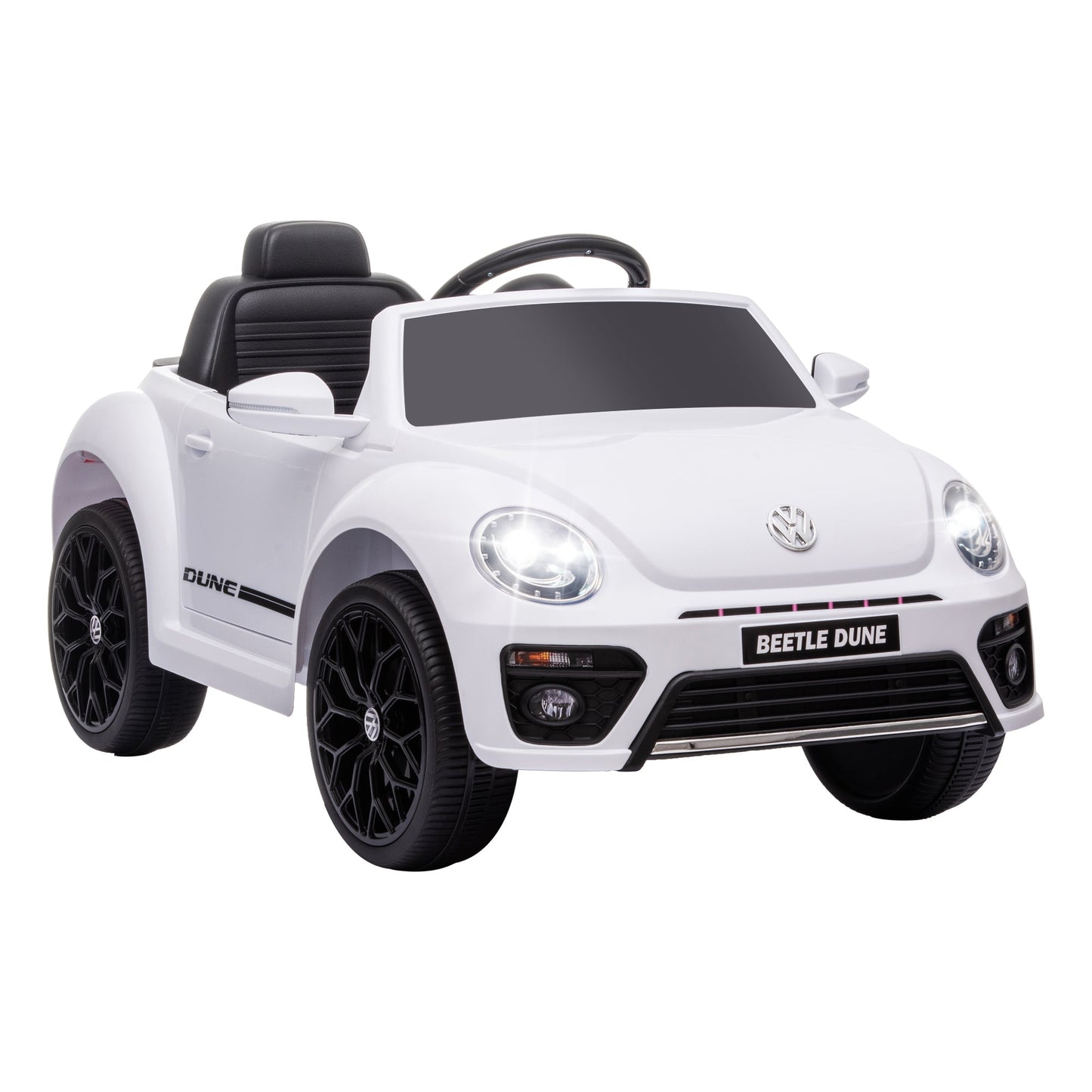 Samochód jeździk AIYAPLAY Volkswagen Beetle z licencją 12V, z pilotem, zawieszeniem kół, łagodnym rozruchem, światłami, muzyką, biały