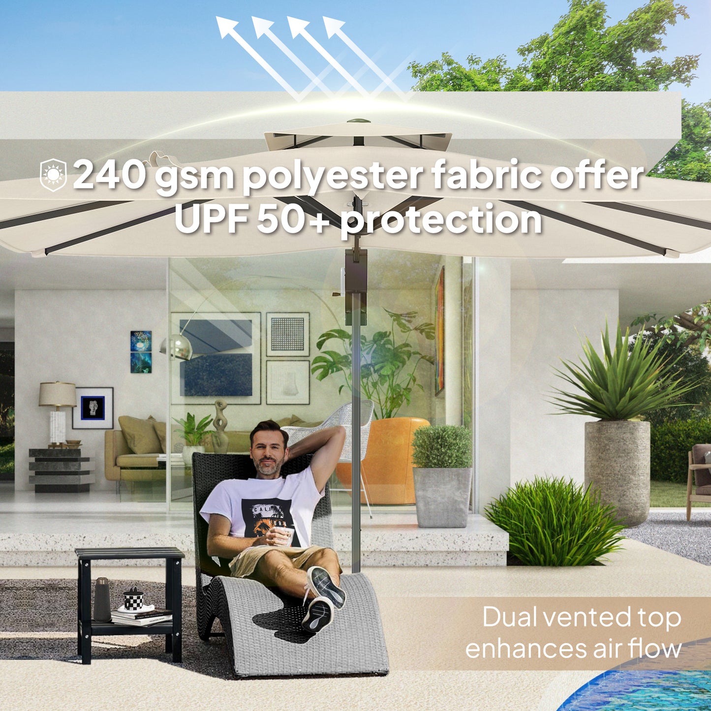 Outsunny 3.7 x 2.7 m Cantilever Parasol w/ 360° Rotation and Easy Tilt Adjustment, Aluminium Hanging Offset Outdoor Umbrella w/ Double Top and Cross Base, UPF50+ Hanging Sun Shade, Grey Wood Effect