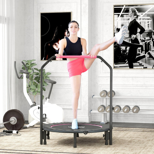HOMCOM 45" Foldable Mini Fitness Trampoline, with Adjustable Foam Handle, Pink