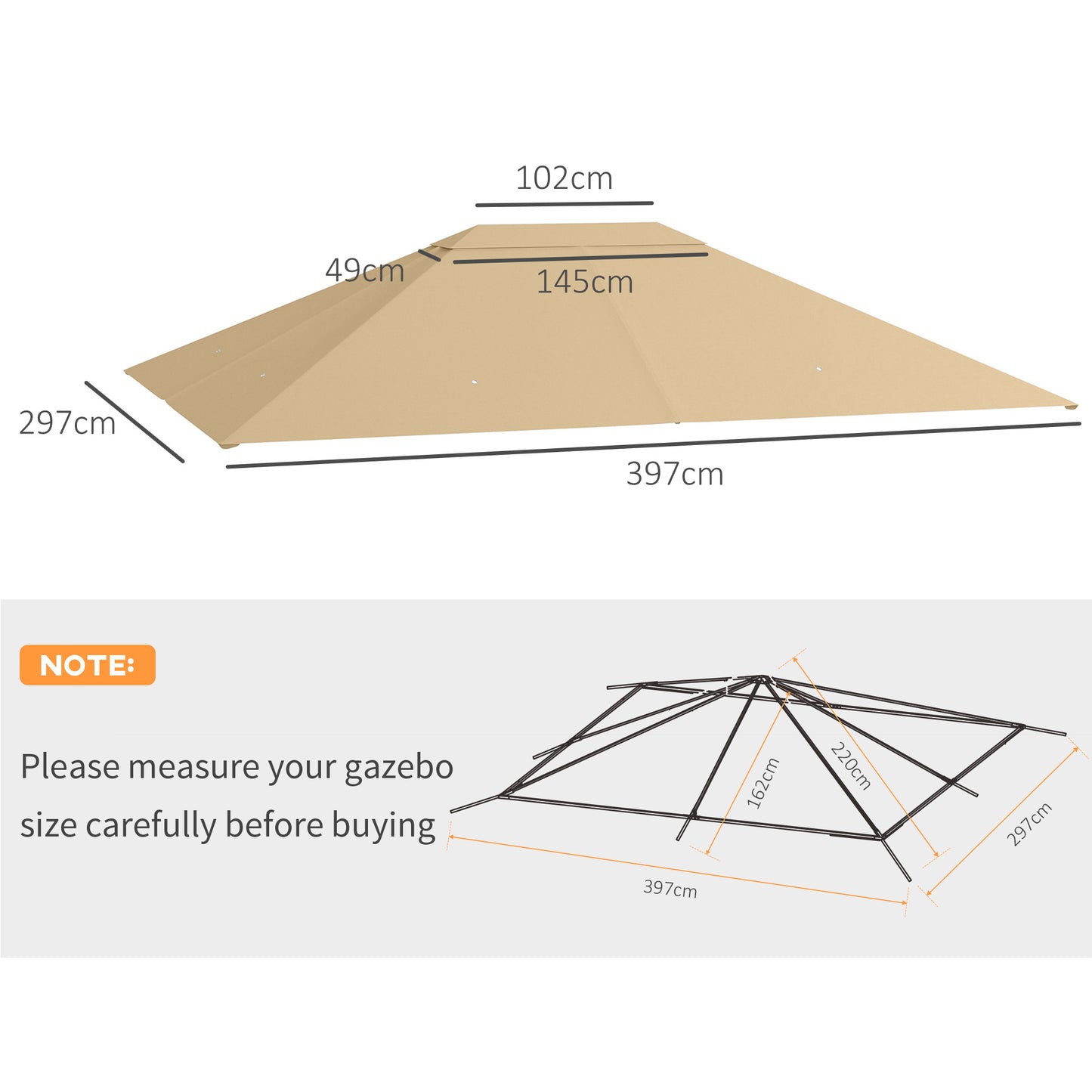 Outsunny 3 x 4m Zapasowe pokrycie zadaszenia altany, Zapasowe pokrycie dachu altany (TYLKO GÓRNA POKRYWA), Khaki