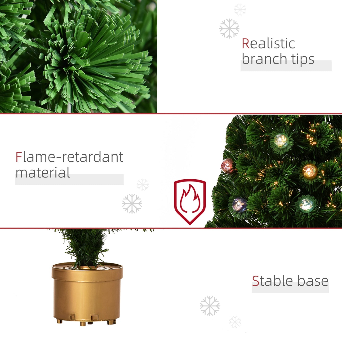 HOMCOM 3FT Prelit Artificial Christmas Tree Fiber Optic Holiday Home Xmas Indoor Decoration with Golden Stand Green