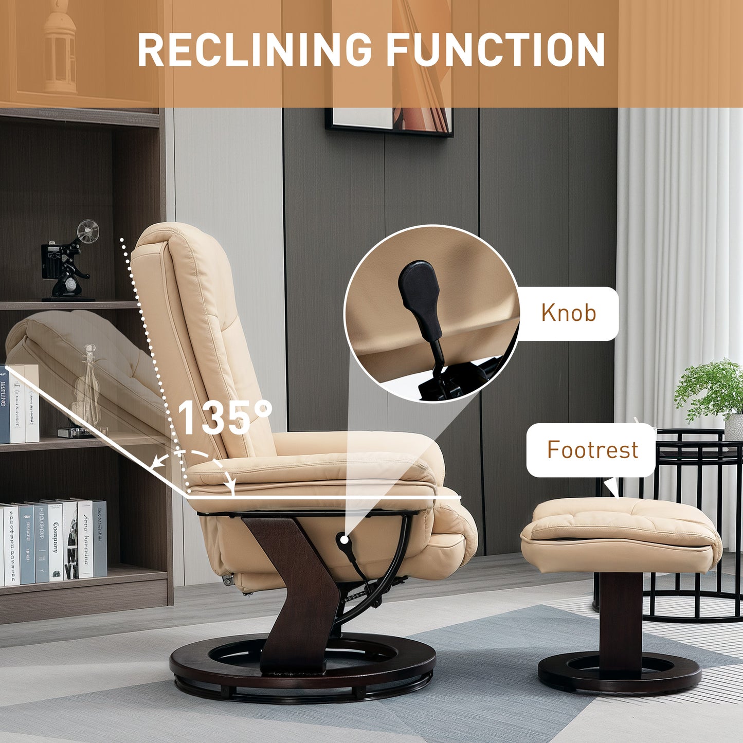 HOMCOM Faux Leather 135° Reclining Chair and Footstool - Beige