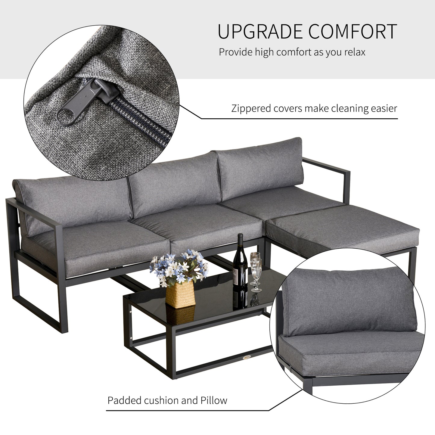 Outsunny 5-częściowy zestaw mebli ogrodowych, sofa z sofą i szklanym stolikiem kawowym, krzesła z poduszkami i aluminiowa rura, na balkon, ogród, podwórko, szary