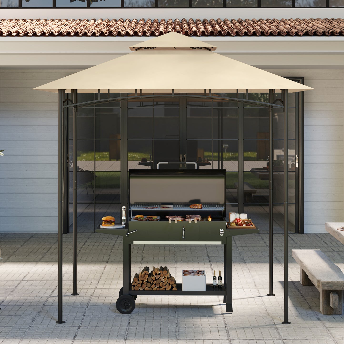 Outsunny Grill Gazebo Replacement Canopy Roof for 1.5 x 2.4m Frame, UPF50+ Protection, Double Tiered 5' x 8' Outdoor BBQ Gazebo Cover Replacement, TOP COVER ONLY, Beige