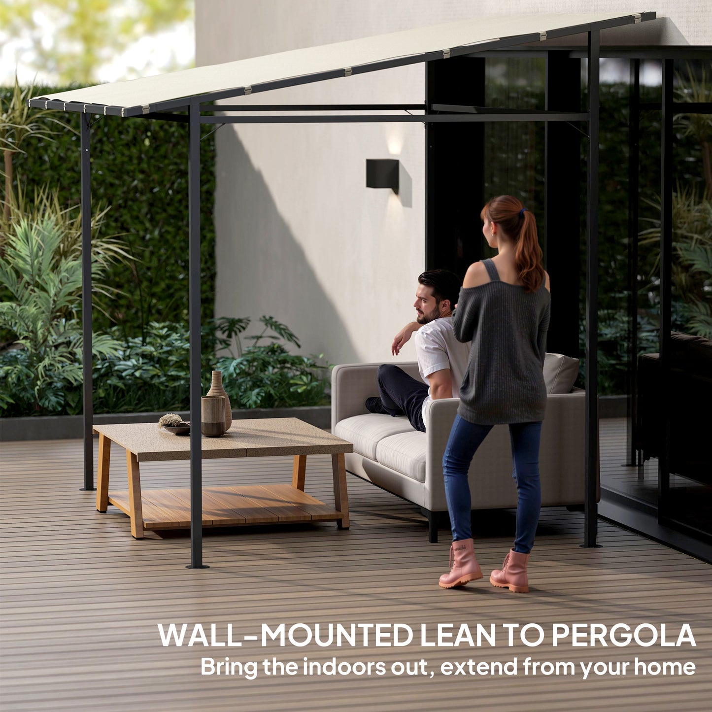Outsunny 2,4 x 2,4 m Pergola ścienna z powłoką PA i metalową ramą, UPF30+, altana ogrodowa, wiatroodporna zewnętrzna osłona przeciwsłoneczna do ogrodu, tarasu, kremowo-biała