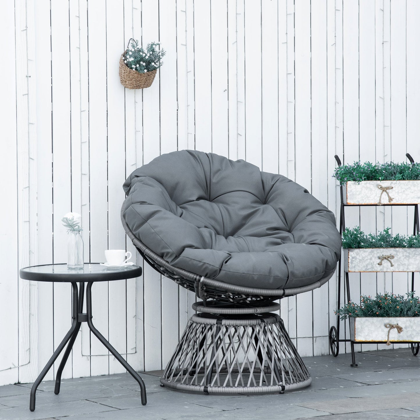 Outsunny 360¡ Swivel Rattan Papasan Moon Bowl Chair Round Lounge Garden Wicker Basket Seat with Padded Cushion Oversized for Outdoor Indoor, Grey