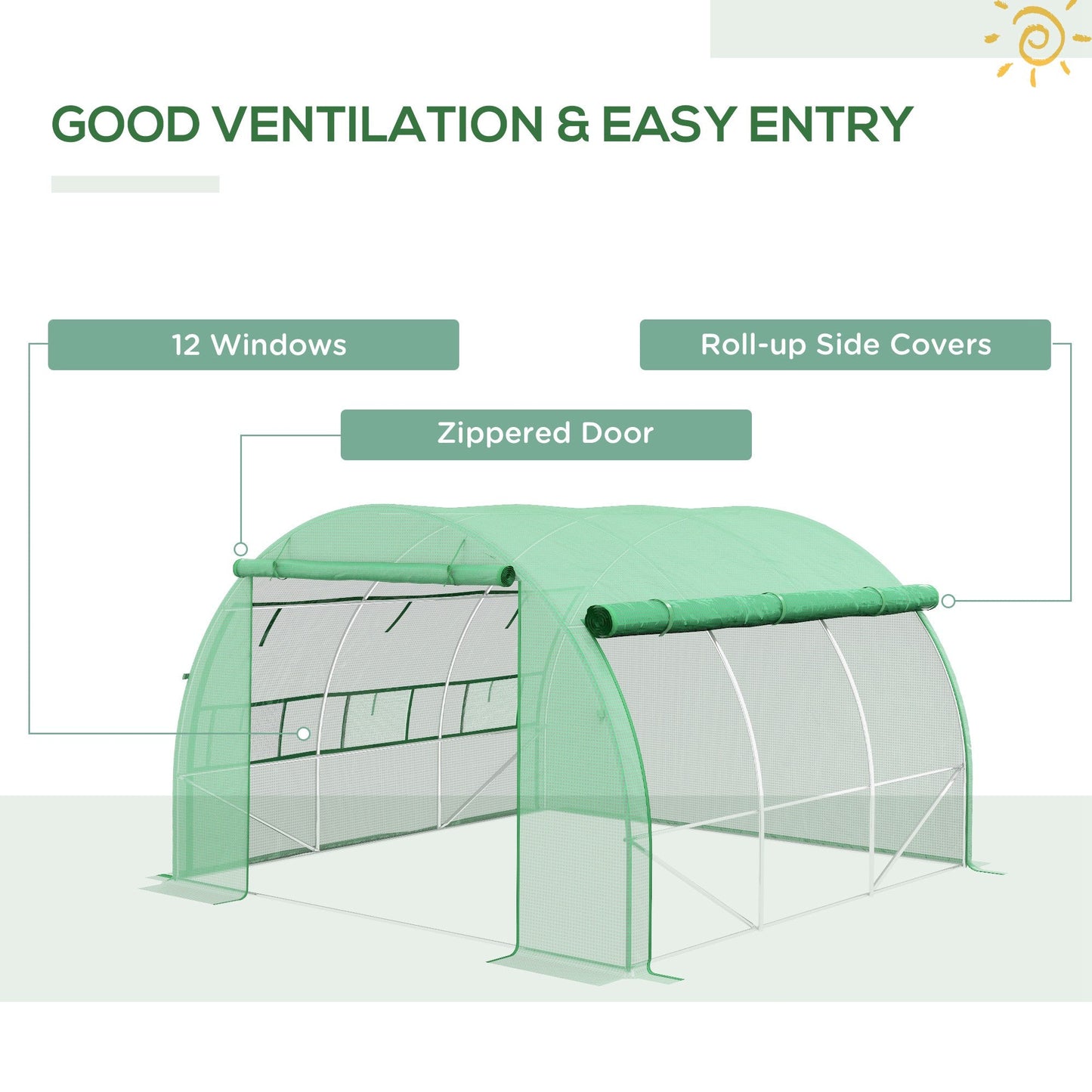 خيمة Outsunny Polytunnel Greenhouse Walk-in Grow House مع جدران جانبية قابلة للطي، باب مضغوط و6 نوافذ، 3x3x2m أخضر
