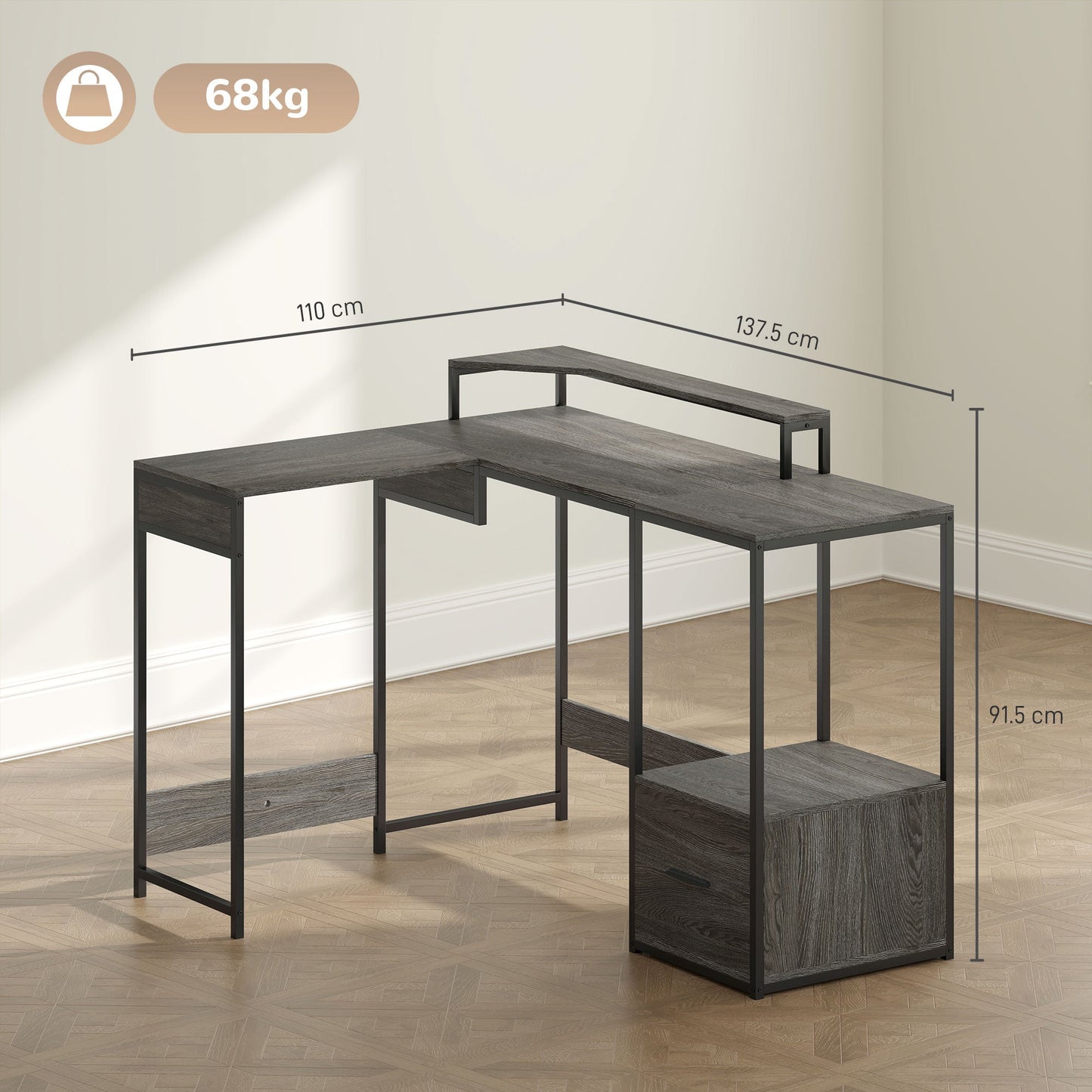 HOMCOM Industrial 'L' Shaped Multi-Work Desk - antracytowy
