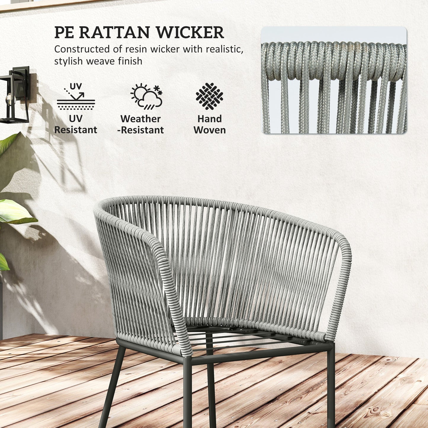 Zestaw jadalny Outsunny Rattan, 6-osobowy zestaw mebli ogrodowych z rattanu z blatem z drewna akacjowego, prostokątny stół, 6 krzeseł, zmywalne poduszki na siedziska, na zewnątrz, patio, do ogrodu zimowego, szary