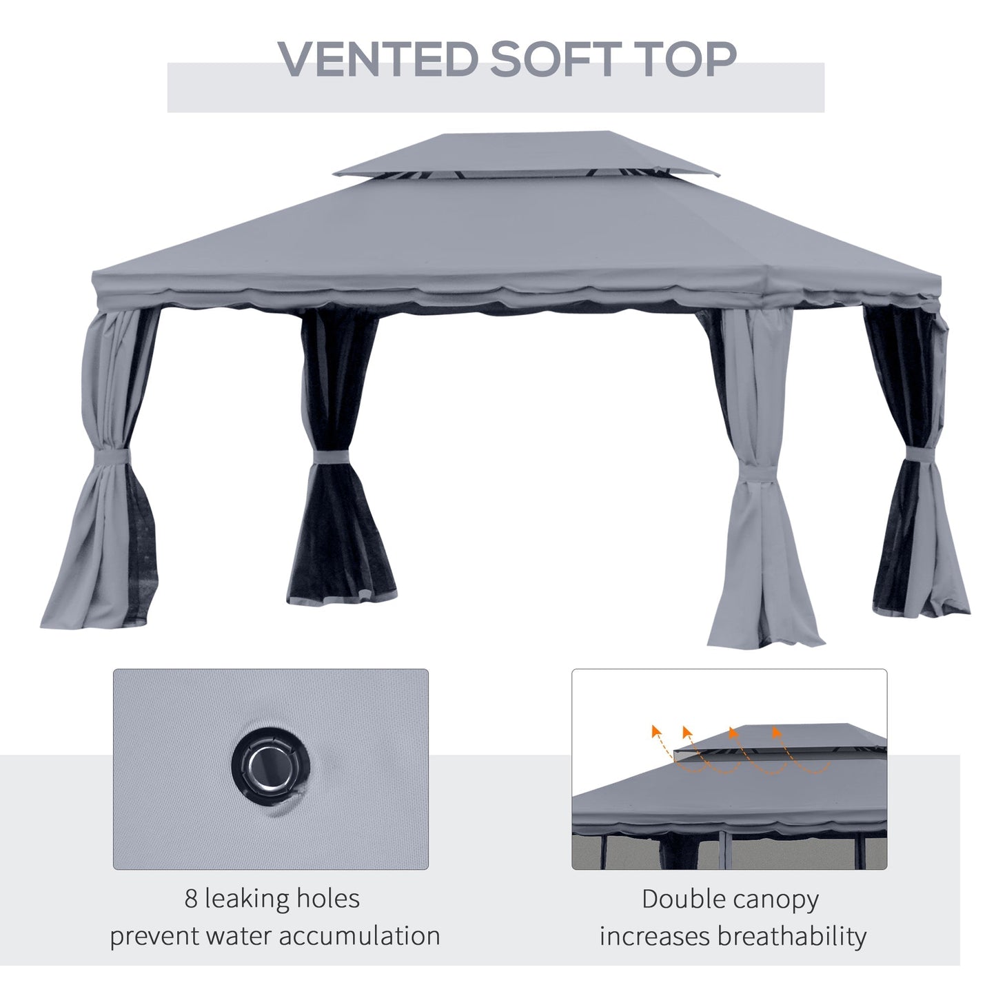 Outsunny 3 x 4m Aluminium Garden Gazebo, Marquee Canopy Shelter Pavilion Party Tent with Nets and Curtains for Garden and Deck, Dark Grey