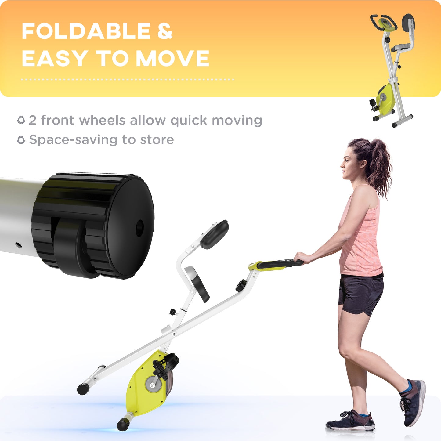 HOMCOM Folding Exercise Bike, Fitness Bicycle Indoor Trainer, 8-Level Magnetic Resistance Adjustable, with LCD Monitor, Pulse Sensor, Yellow