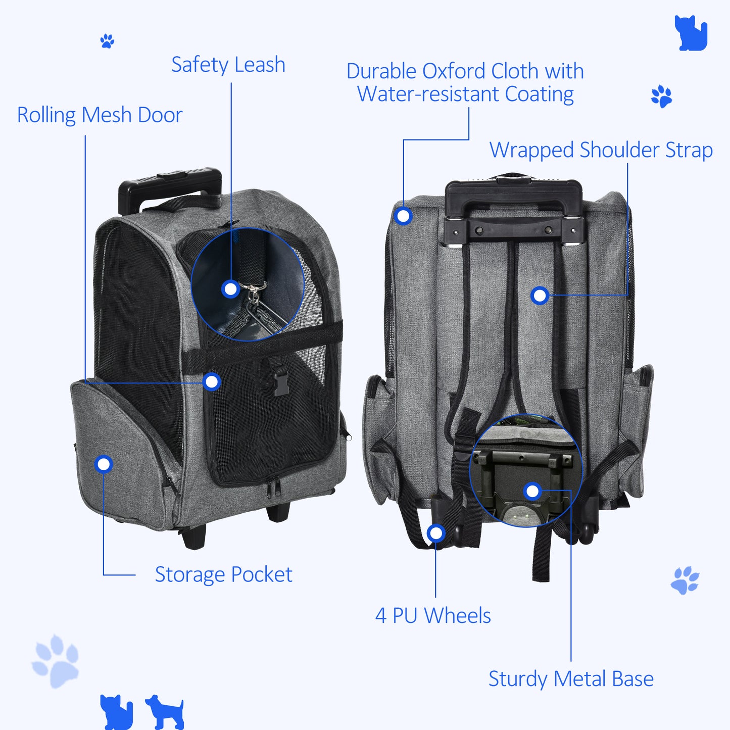 PawHut Pet Travel Backpack Bag Cat Puppy Dog Carrier w/ Trolley and Telescopic Handle Portable Stroller Wheel Luggage Bag (szary)