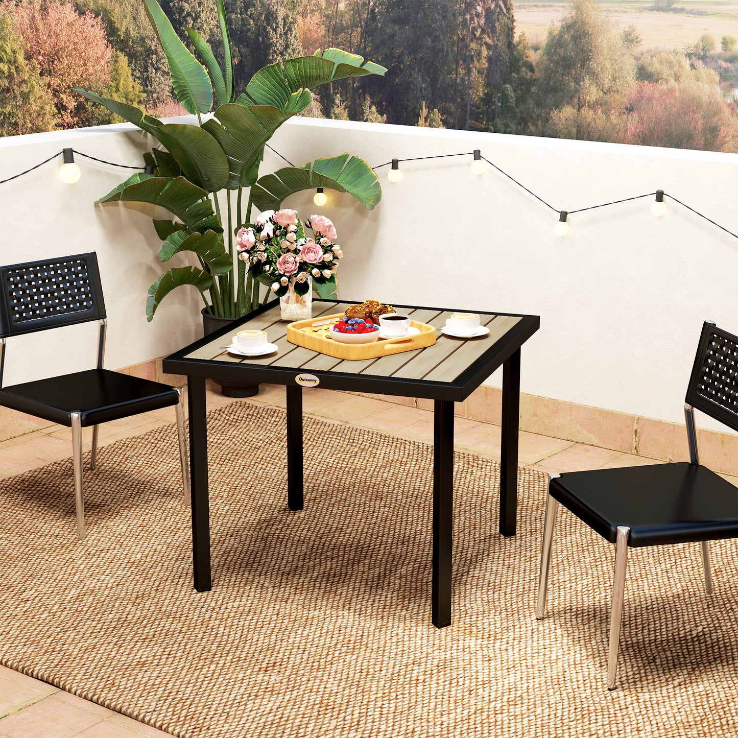 Stół ogrodowy Outsunny Square Garden Dining Table z otworem na parasol 5,4 cm, blatem z listew, metalową ramą, 86 x 86 x 71 cm, brązowy