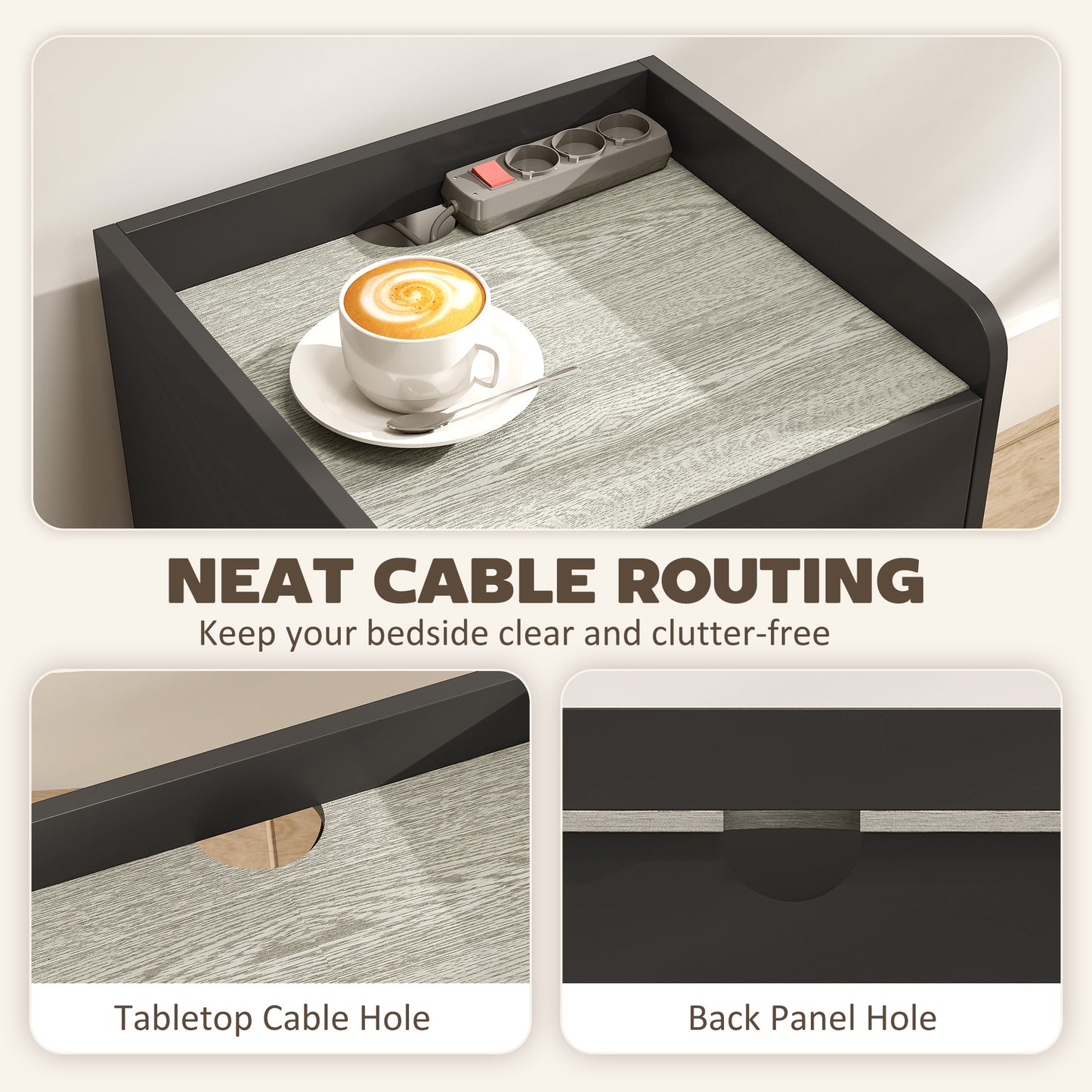 HOMCOM Modern Bedside Table, Slim Nightstand with Drawer, Shelf and Cable Holes, Black and Grey Wood Effect