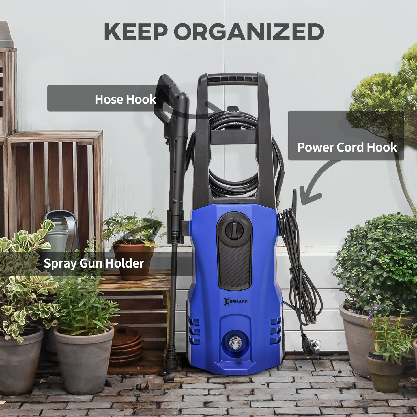 DURHAND High Pressure Washer, 150 Bar Pressure, 510 L/h Flow, 1800W, High-Performance Portable Power Jet Wash Cleaner, Blue