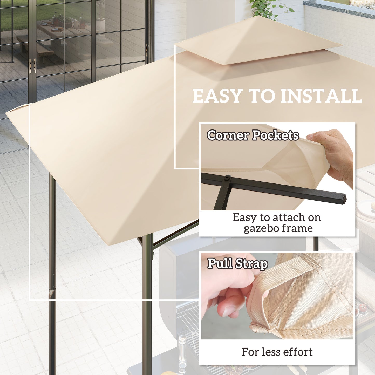 Outsunny Grill Gazebo Replacement Canopy Roof for 1.5 x 2.4m Frame, UPF50+ Protection, Double Tiered 5' x 8' Outdoor BBQ Gazebo Cover Replacement, TOP COVER ONLY, Beige