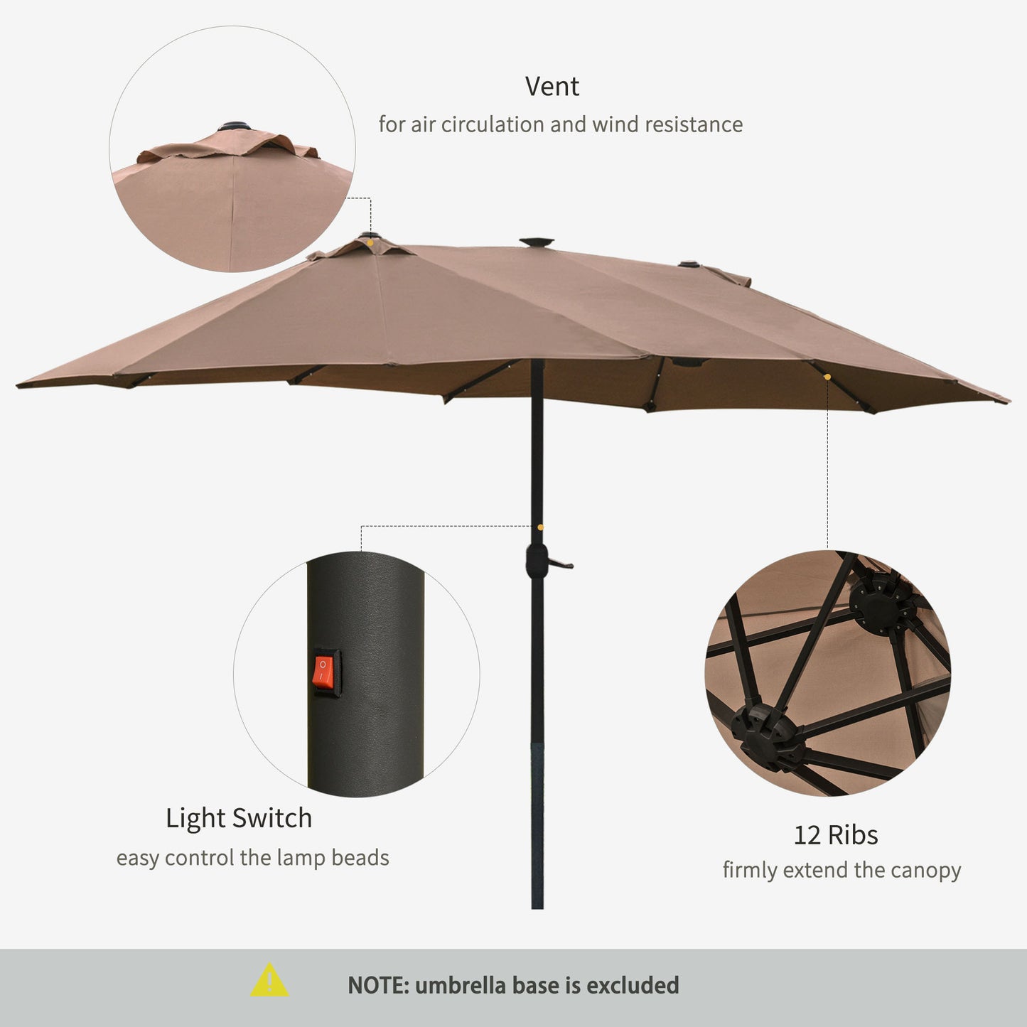 Outsunny Garden Parasol 4,4 m Dwustronny parasol słoneczny Patio Parasol LED Solar Lights Khaki