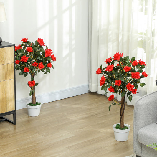 Outsunny Set of 2 Artificial Plants White Rose Floral in Pot, Fake Plants for Home Indoor Decor, 90cm, Red