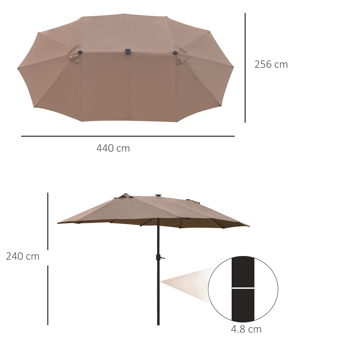 Outsunny Garden Parasol 4,4 m Dwustronny parasol słoneczny Patio Parasol LED Solar Lights Khaki