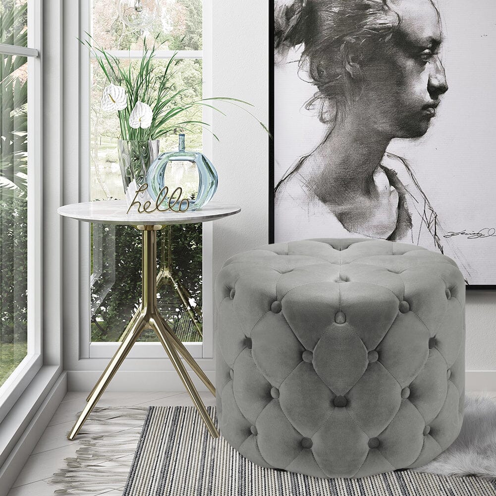 Round Velvet Buttoned Footstool