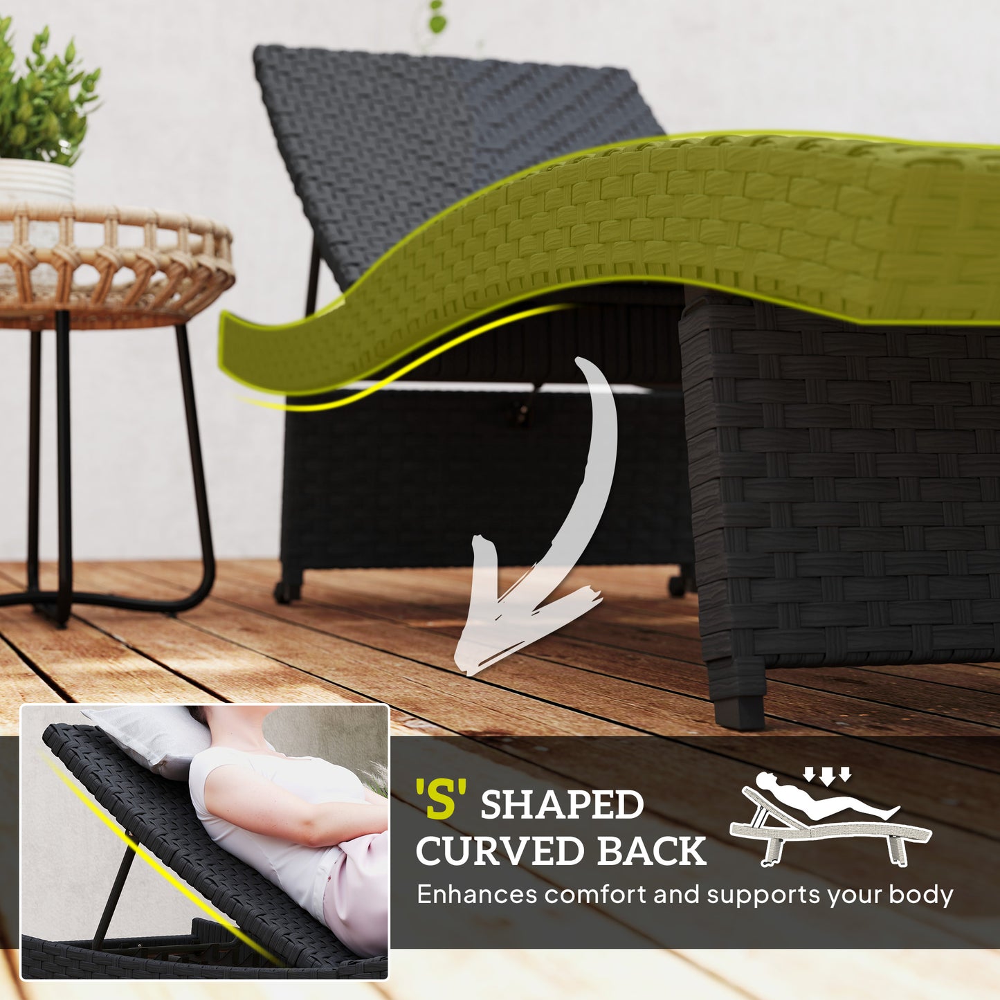 Outsunny Outdoor PE Rattan Leżak, składany wiklinowy leżak ogrodowy z oparciem regulowanym na 4 poziomach, rolowany leżak z kółkami, antypoślizgowe nogi na balkon, plaża, czarny