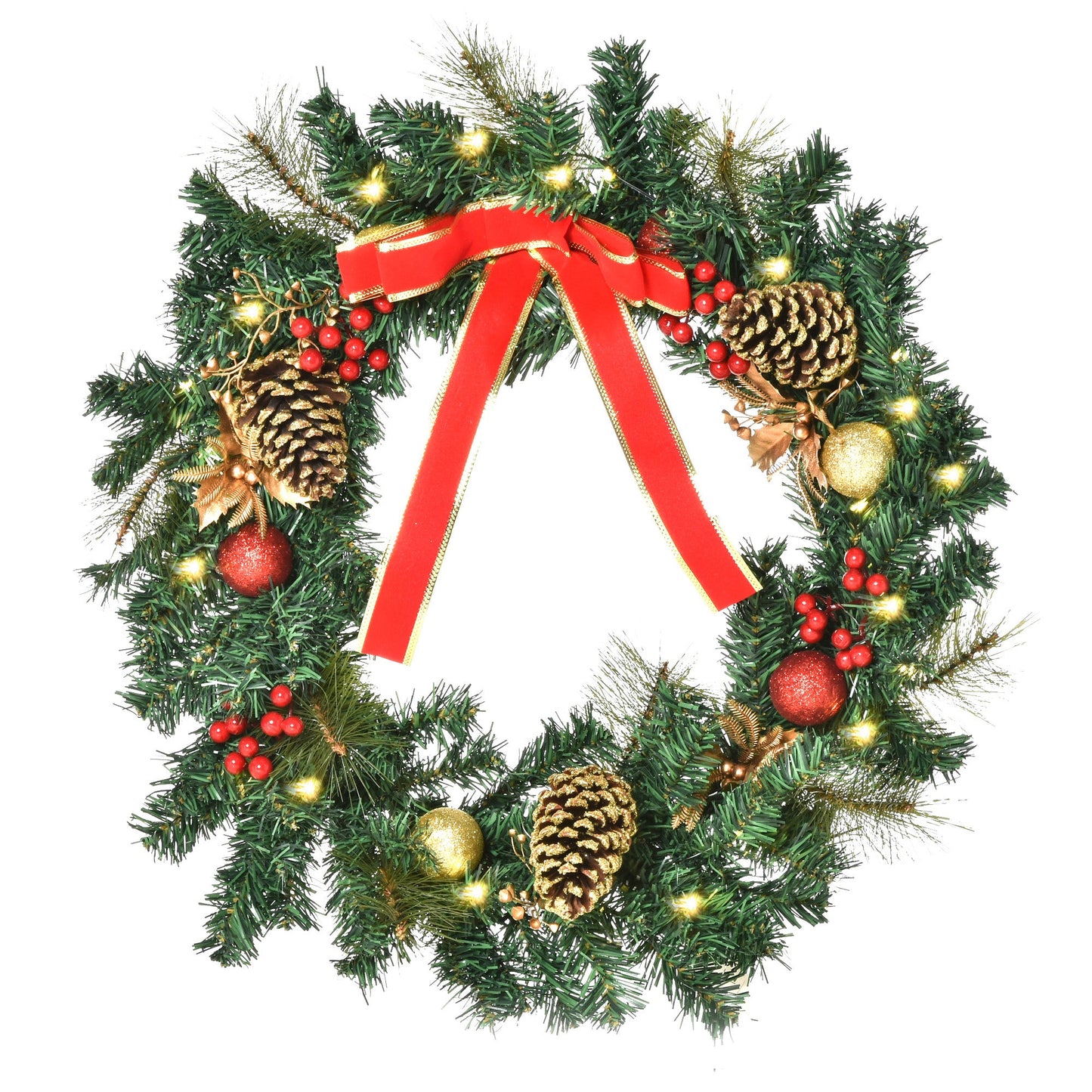 HOMCOM 60cm Pre-Lit Artificial Christmas Door Wreath Holly LED Decor Pine Cones Hanging Glittered Festival Indoor Outdoor Decoration