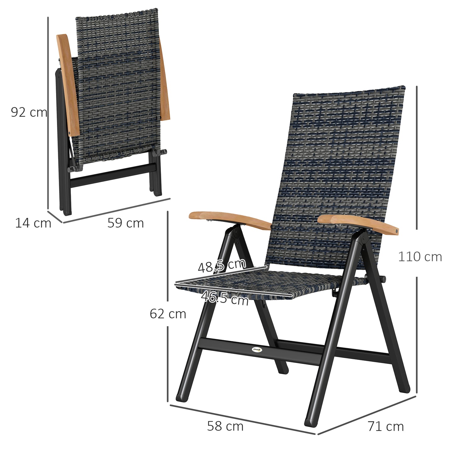 Krzesło ogrodowe Outsunny, 2 sztuki, składane, z podłokietnikami, wysokie oparcie, do ogrodu, na kemping, balkon, kolor mieszany szary