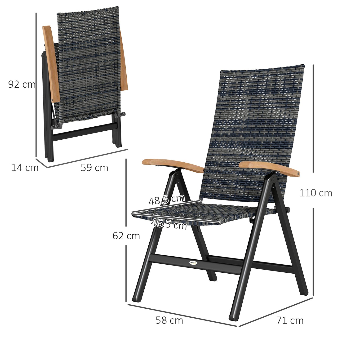 Outsunny 2 Pieces Folding Rattan Garden Dining Chairs with 5-level Reclining High Back, Wood Armrests for Outdoor - Mixed-grey