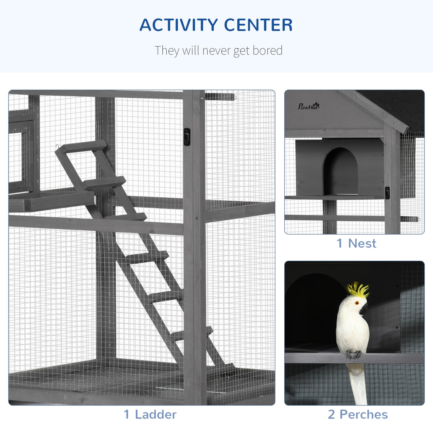 PawHut Bird Cage klatka dla papużek falistych drewniana woliera zewnętrzna z kółkami dla kanarka z dachem asfaltowym grzęda gniazdo drabinka wysuwana tacka, szara