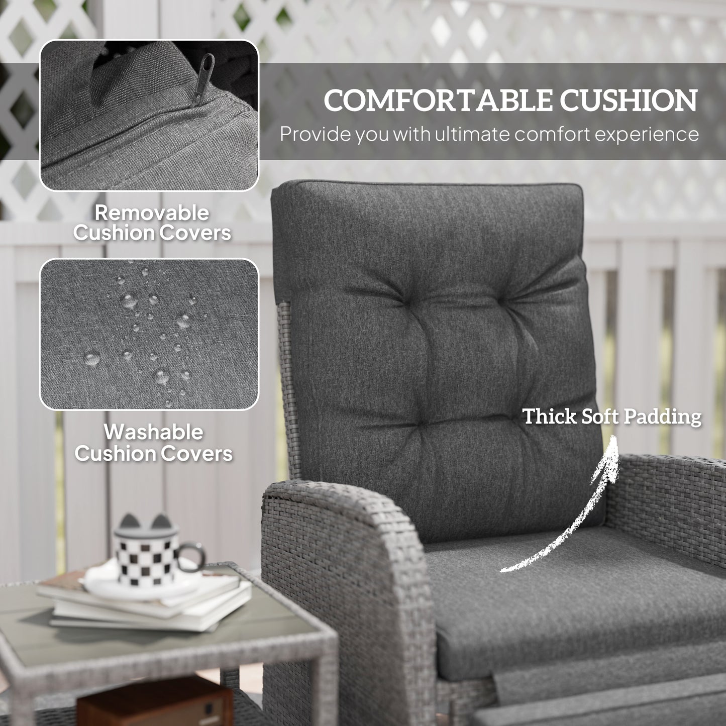 Outsunny 2 Seater Patio Rattan Wicker Chaise Lounge Sofa Set w/ Cushion for Patio Garden Porch, Grey