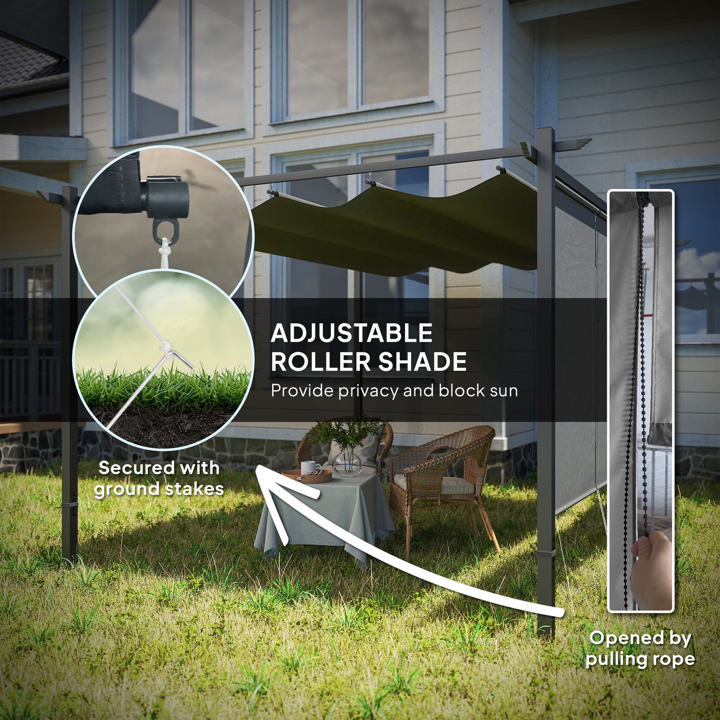 Outsunny 3 x 4m Metalowa pergola z chowanym dachem i roletą, montowana na ścianie lub wolnostojąca ogrodowa altana z baldachimem, UPF30+ zewnętrzna osłona przeciwsłoneczna, szara