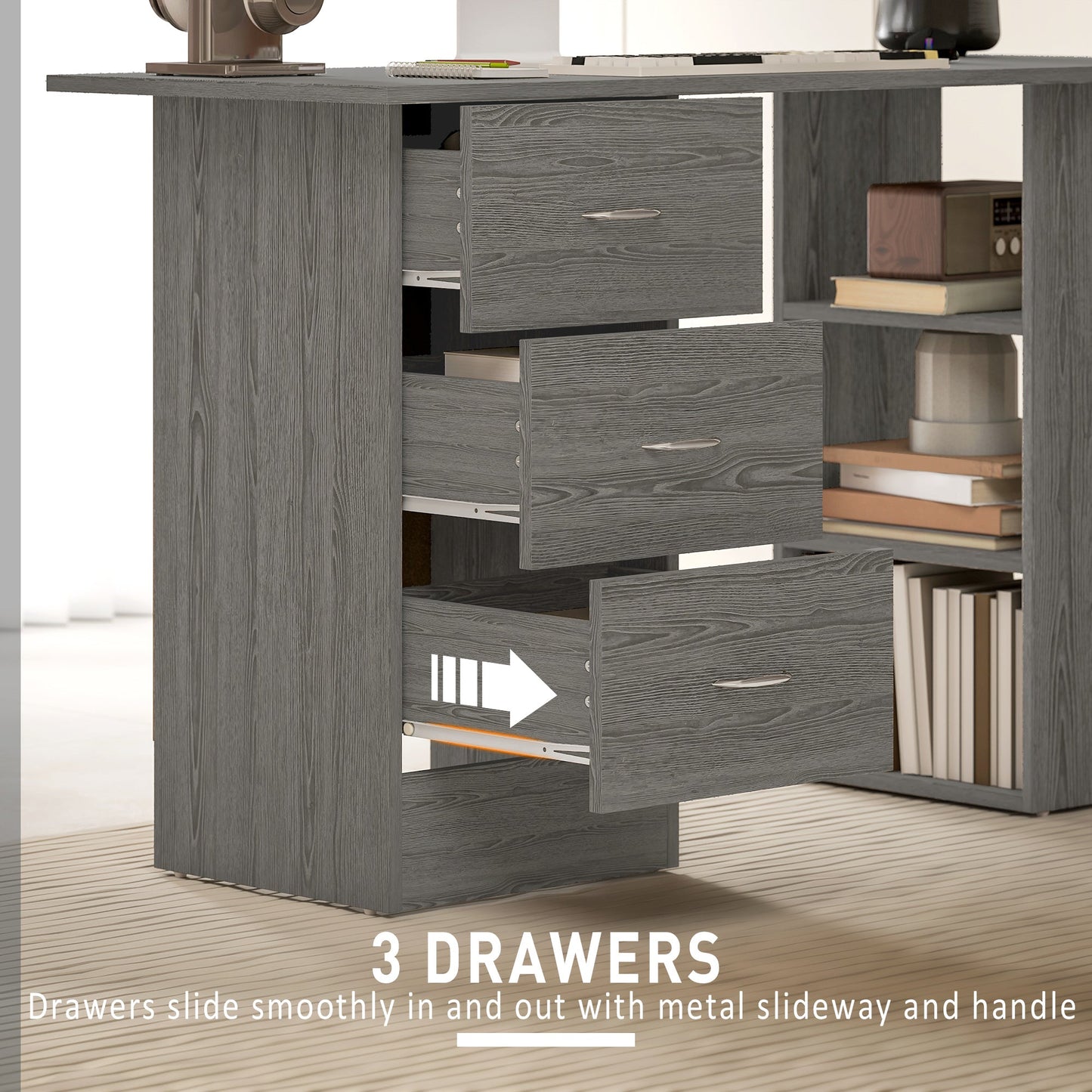 HOMCOM Computer Desk, Writing Table, PC Workstation with 3 Storage Shelves and Drawers, Silver Handle, for Home Office, Grey