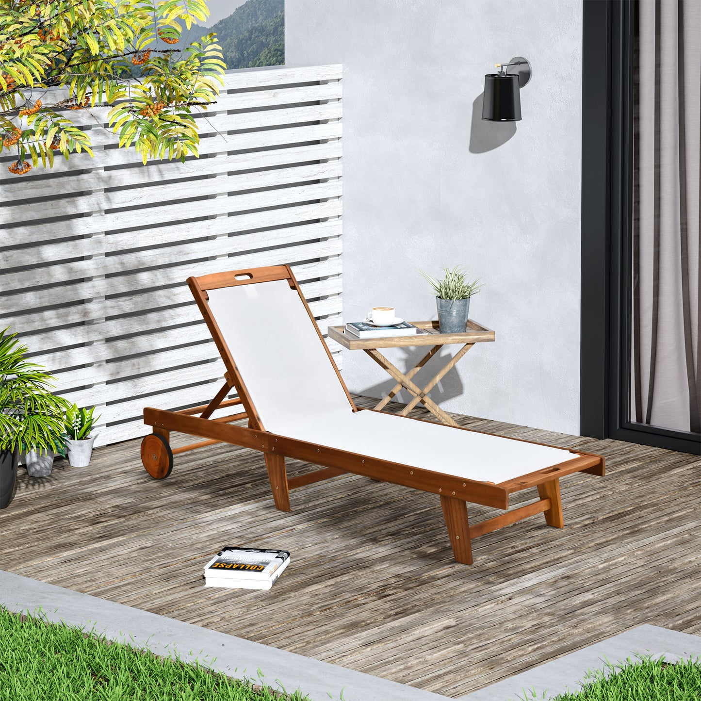 Outsunny Outdoor Acacia Wood Texteline Beach Sun Lounger Garden Patio Solarbed Recliner Chaise Adjustable Backrest with Wheels
