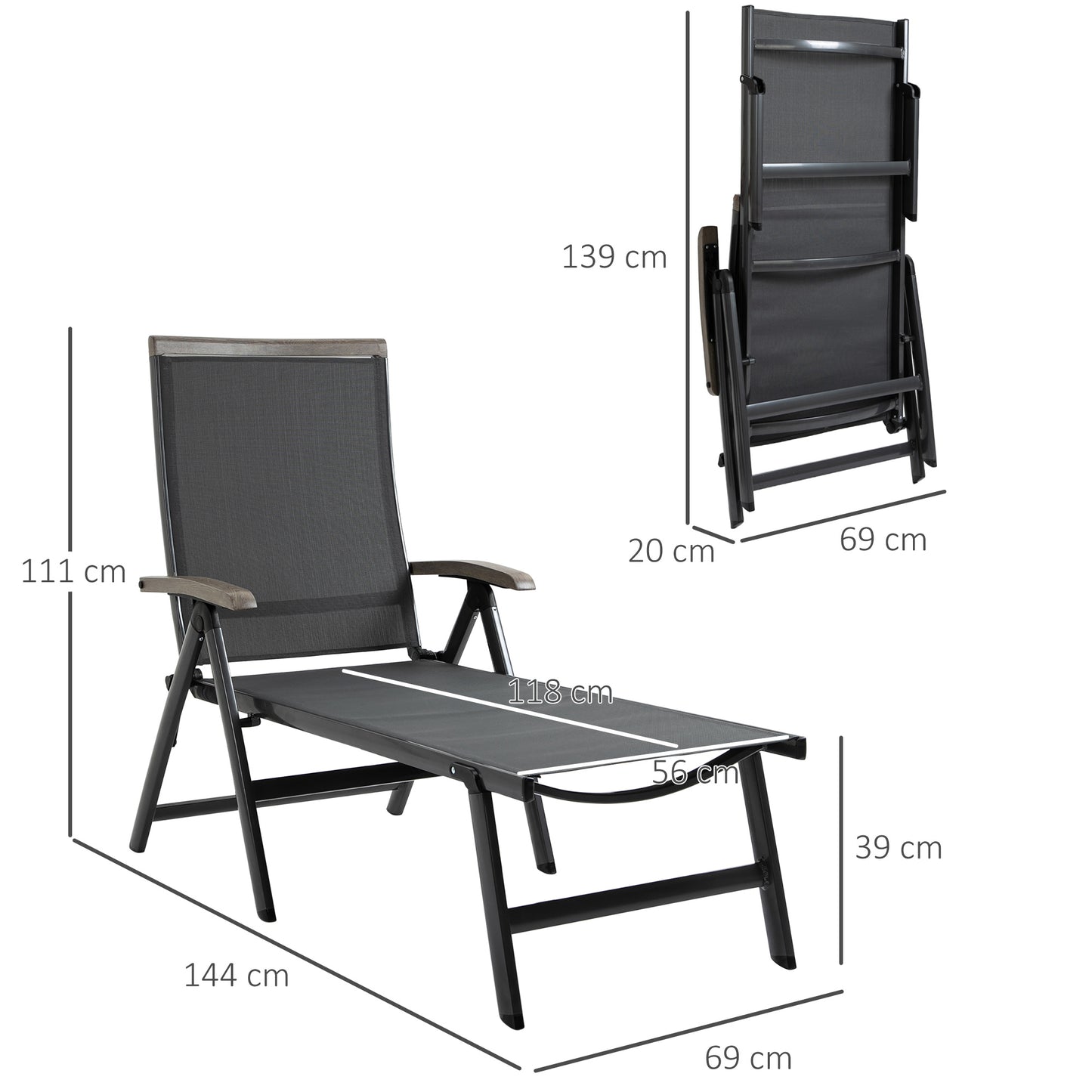 Outsunny Outdoor składany leżak, 5-pozycyjny regulowany leżak z aluminiową ramą na patio, basen i do ogrodu, szary