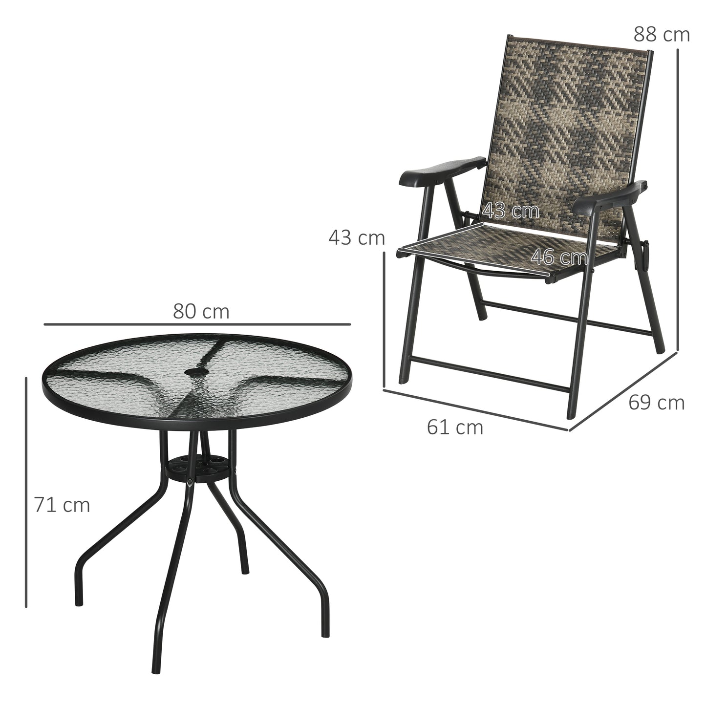 Zestaw jadalny Outsunny 4 Seater Rattan, zestaw mebli ogrodowych z rattanu z otworem na parasol, stół jadalny i krzesła zewnętrzne z 4 fotelami, okrągły szklany stół na patio, balkon, mieszany szary