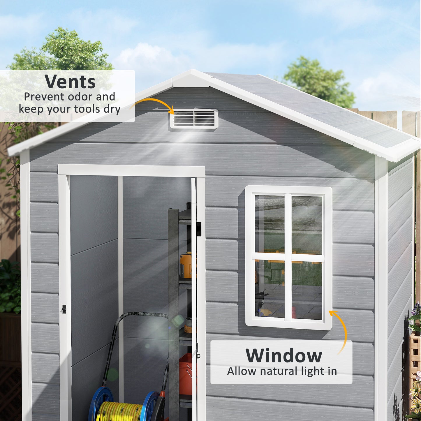 Outsunny 6 x 4ft Garden Shed, plastikowa szopa z podłogą, oknem, zamykanymi drzwiami i otworami wentylacyjnymi, imitacja drewna, szopa narzędziowa z żywicy na zewnątrz, szara