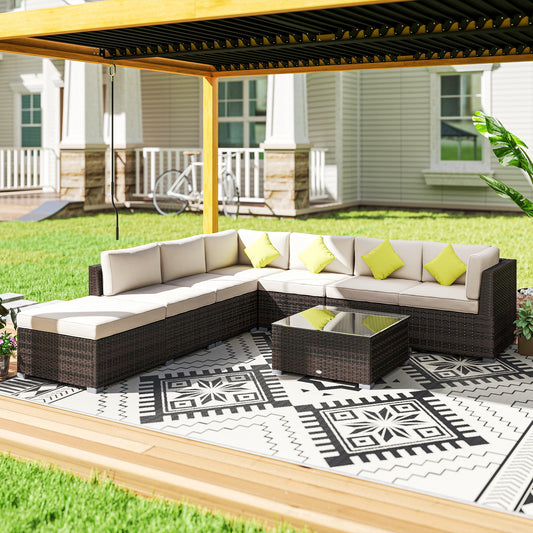 Outsunny 8 Piece Rattan Corner Sofa Set with Wide & Deep Seat, Assembled Aluminium PE Rattan Garden Furniture Set with Thick Cushions and Glass Top Table for Outdoor, Conservatory, Mixed Brown