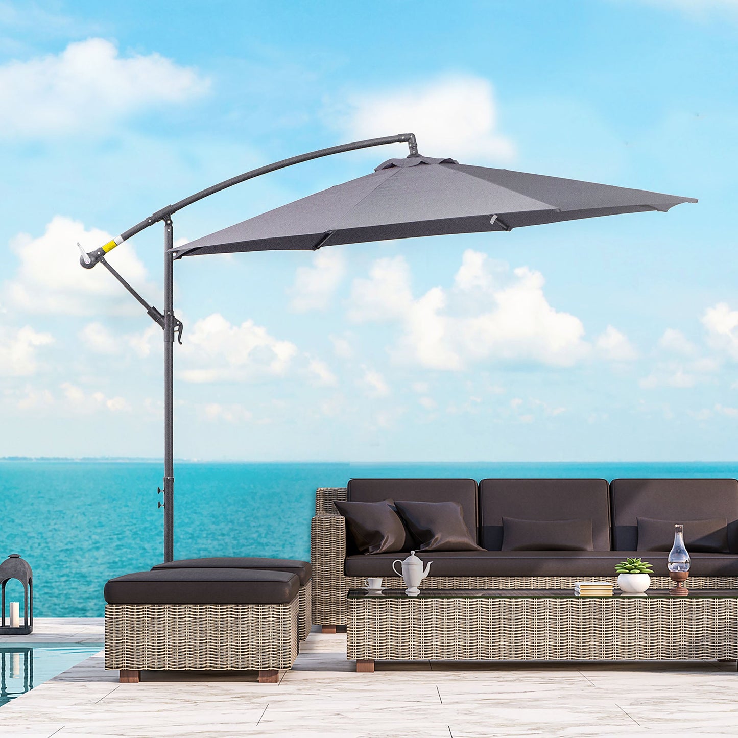 Outsunny 3(m) Garden Parasol Sun Shade Patio Banana Hanging Umbrella Cantilever with Crank Handle and Cross Base Grey