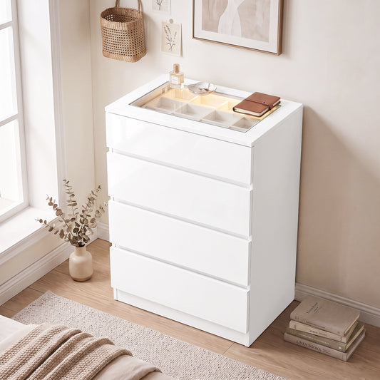 HOMCOM High Gloss 4 Drawer Chest of Drawers with Glass Top and RGB LED Lights, Dresser with Jewelry Organizer, APP Control